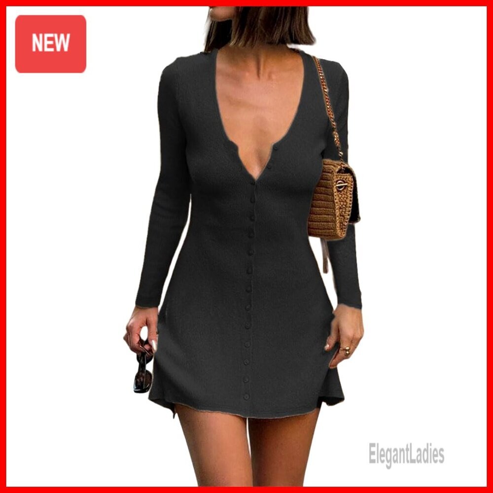 Long Sleeve Ribbed Knit Mini Dress Button Front Deep V Neck A-Line - Picture 1 of 7
